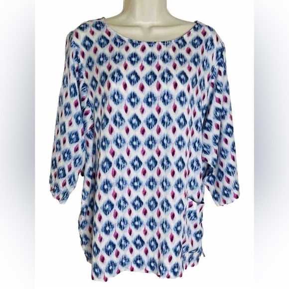 J Jill Pure Jill Geo Ikat Print Shirt Size L Round neck 1/2 Sleeve Tencel - Picture 1 of 12